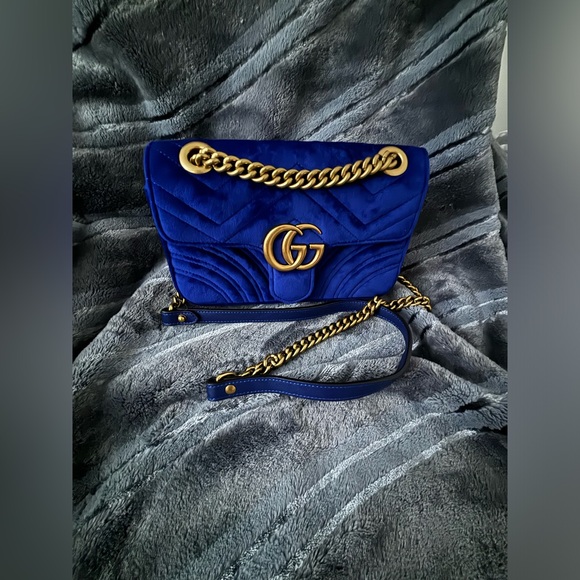 Gucci GG Marmont Small Velvet Matelasse Shoulder Bag (Blue) - Picture 1 of 7